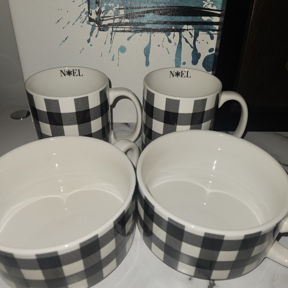 Sip Of Art Black & White Buffalo Plaid (2) Coffee Mug & (2) Soup Mug Set NWOT - Picture 2 of 4